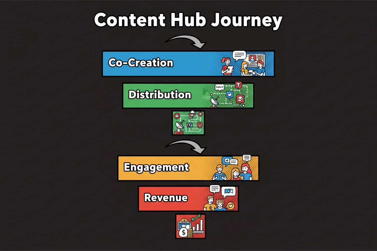 Funnel showing co-created content, partner distribution, audience engagement, and sponsored revenue outcomes through a content hub