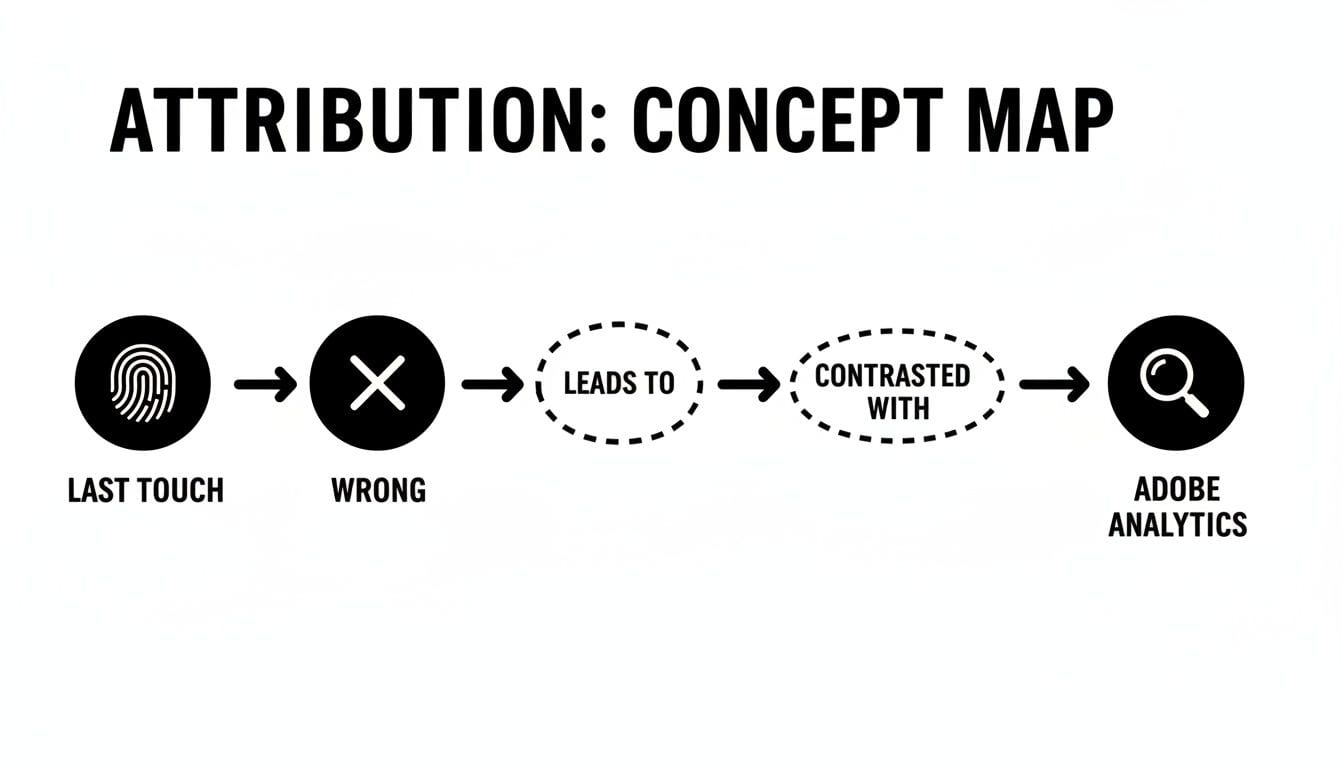 Attribution concept map showing 'Last Touch' model as 'Wrong' compared to 'Adobe Analytics'.