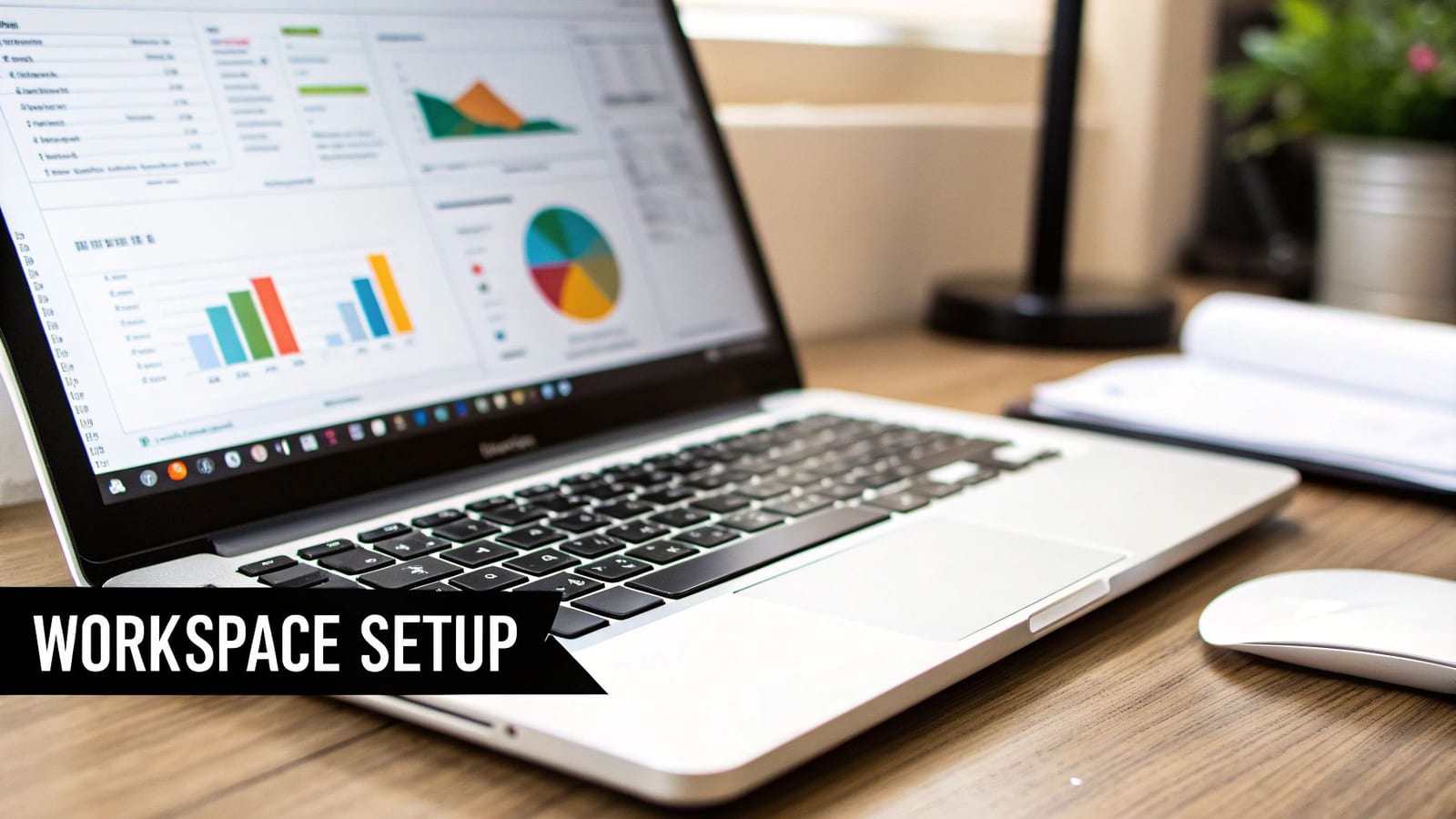 A clean workspace setup featuring a laptop displaying analytical charts, a white mouse, and an open notebook on a wooden desk.