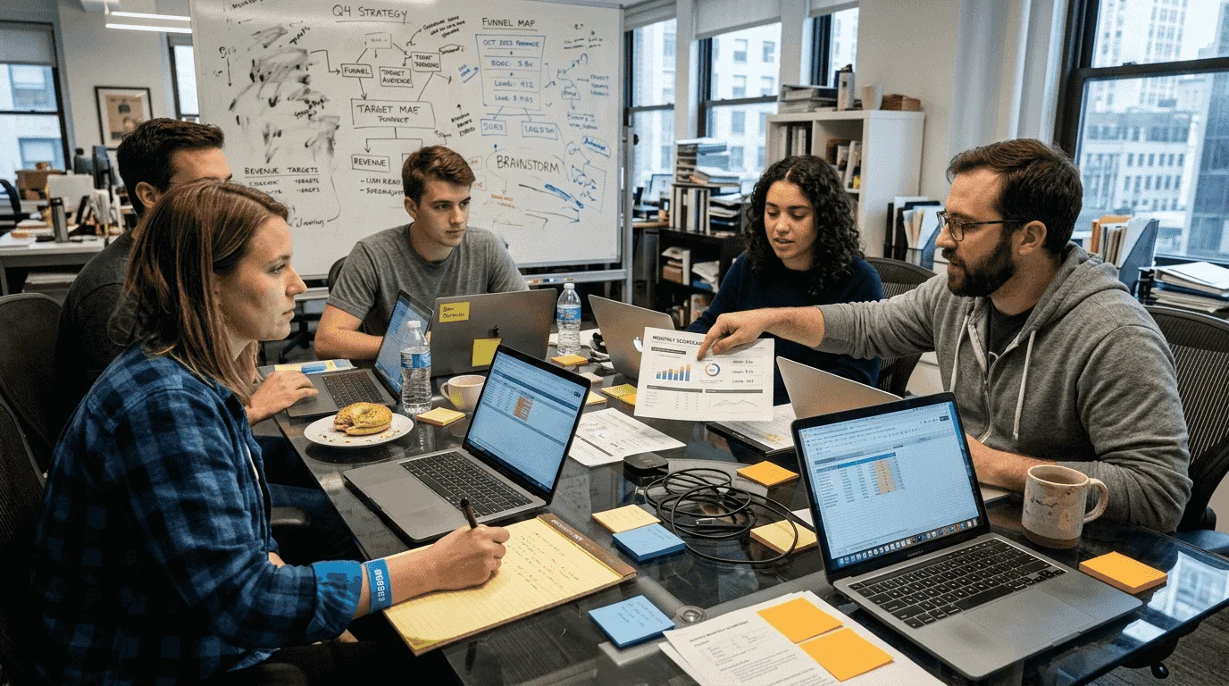Marketing team discussing advanced metrics data