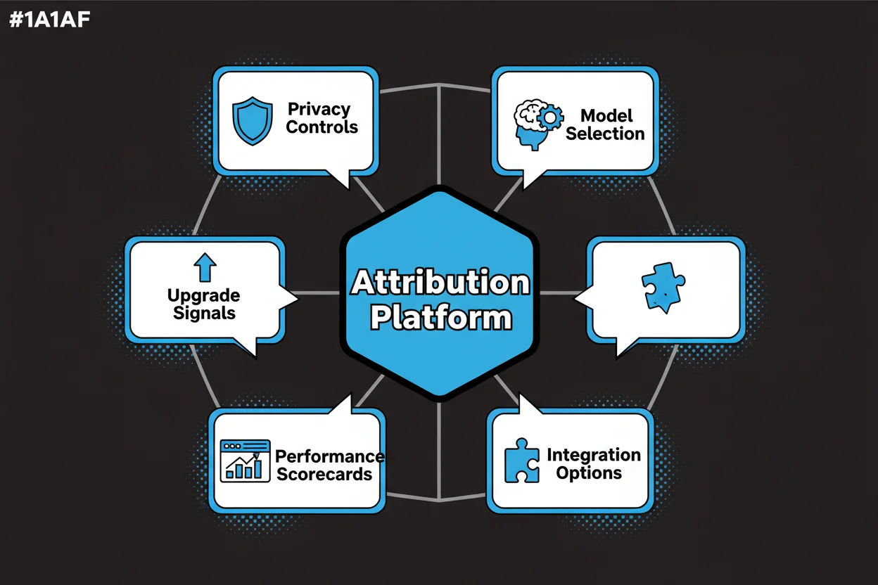 Cluster of speech bubbles around a central “Attribution Platform” node, with labeled bubbles for privacy, models, integrations, scorecards, and upgrade signals; clean icons, high-contrast lines; one bubble includes the phrase appsflyer attribution platform features to highlight a real buyer query.