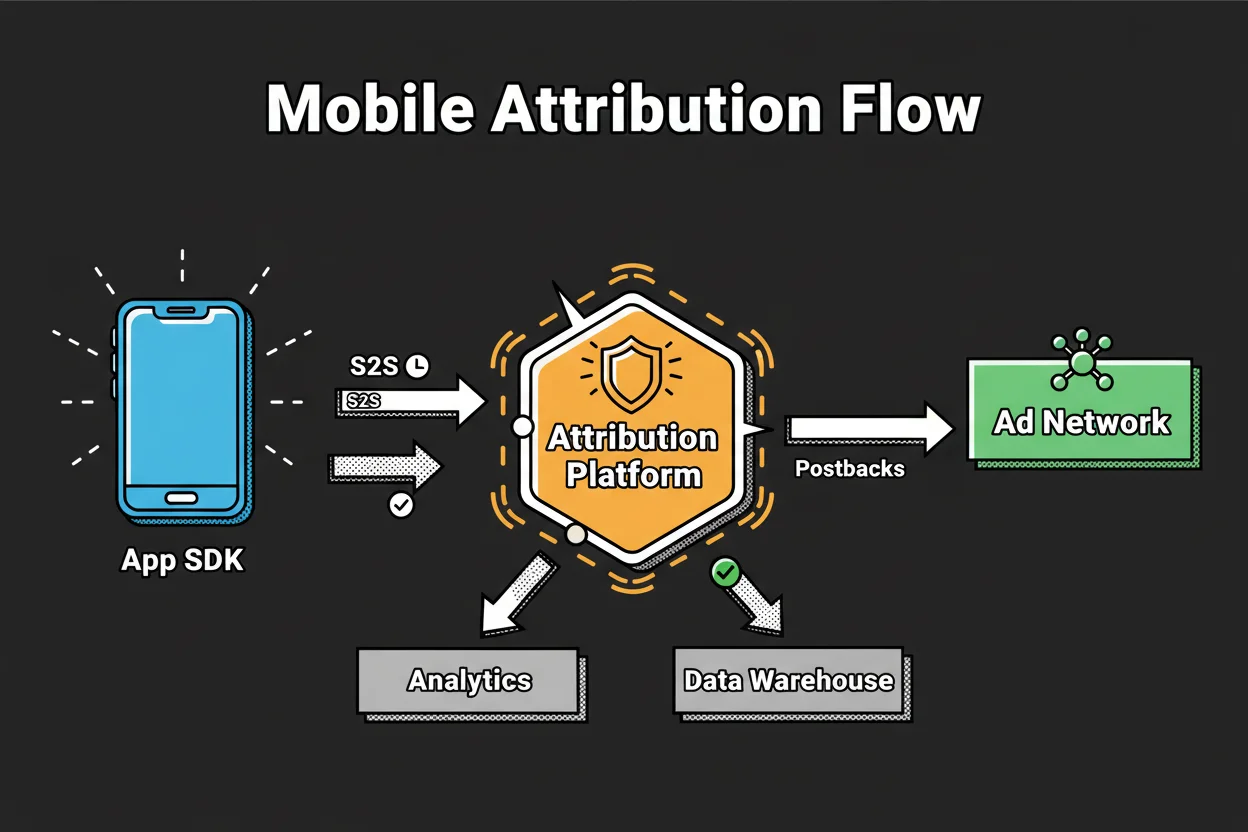 Diagram showing a mobile app (left) sending events via SDK and S2S to an attribution platform at center; the platform sends postbacks to Facebook Audience Network (right). Additional arrows flow to Analytics/CRM and a Data Warehouse. Labels note click-through and view-through windows, consent signals, and postback confirmations.