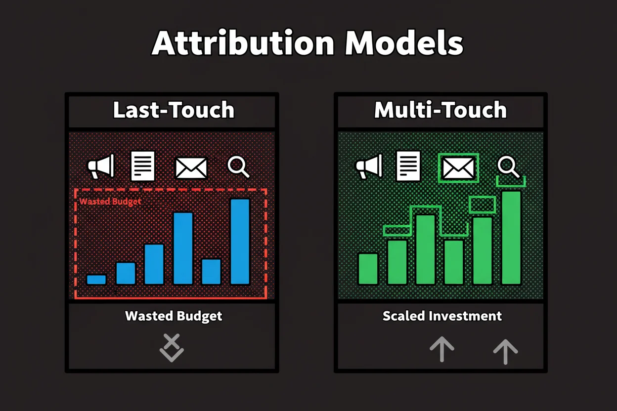 Two side-by-side bar charts: left shows spend skewed to last-click channels with a red highlight on wasted budget; right shows rebalanced spend after multi-touch attribution with green highlights on scaled top-of-funnel; minimal labels and clear contrasts.
