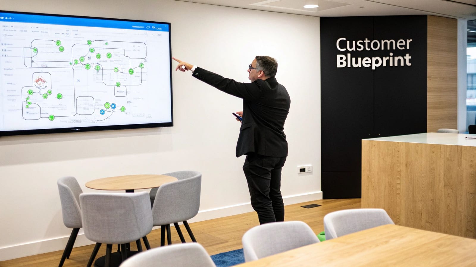 A man in a suit points at a large screen displaying a customer journey map in a modern office.