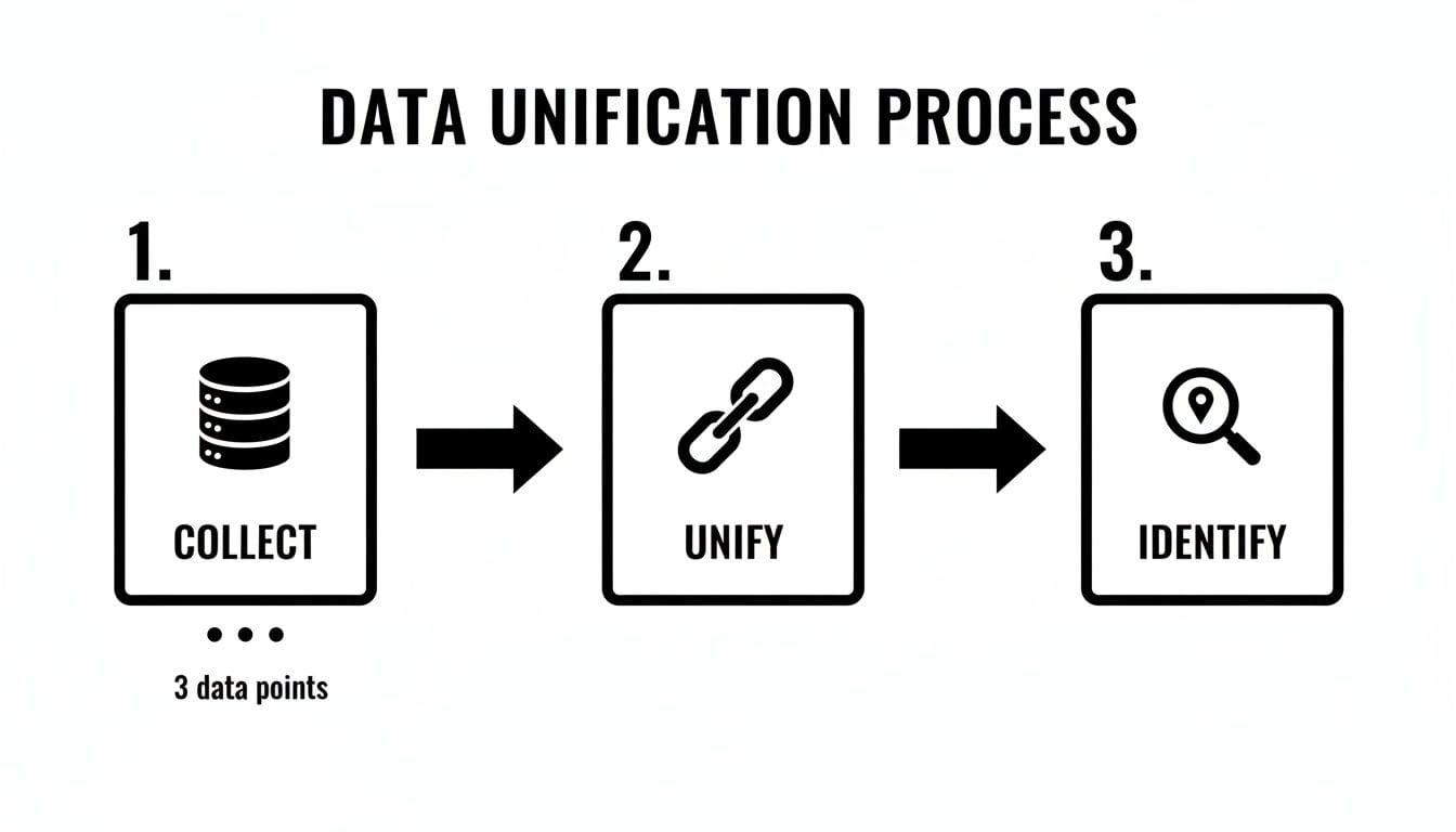 A data unification process diagram illustrating steps to collect, unify, and identify data points.
