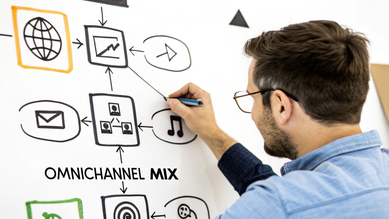 A man in glasses drawing an omnichannel marketing strategy diagram on a whiteboard.