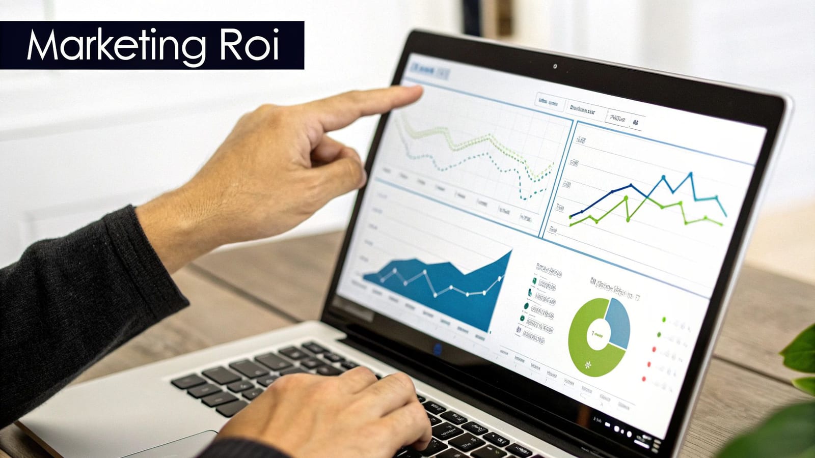 Person analyzing marketing ROI data and charts on a laptop, demonstrating business strategy and analytics.