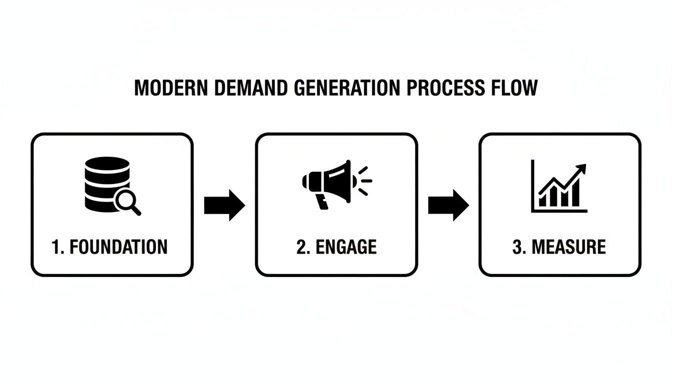 A modern demand generation process flow diagram with three steps: Foundation, Engage, and Measure.