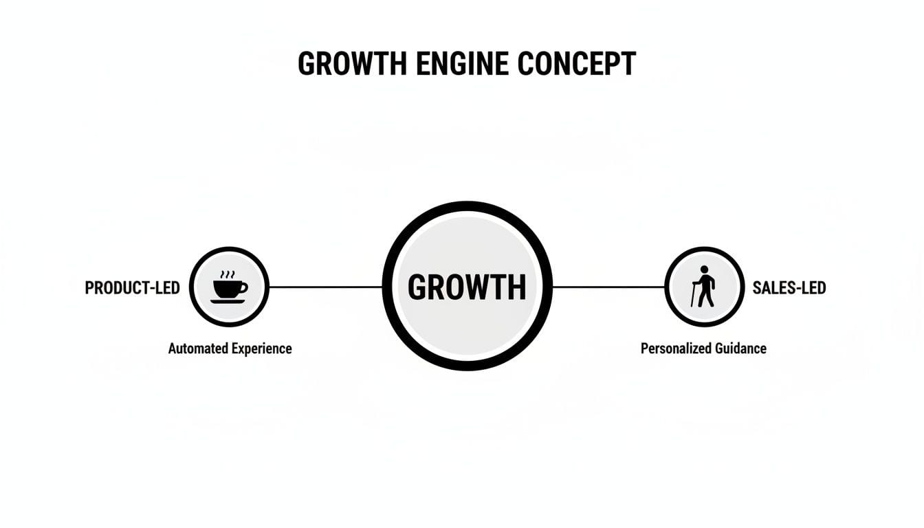Diagram illustrating a growth engine concept with product-led automated experience and sales-led personalized guidance.