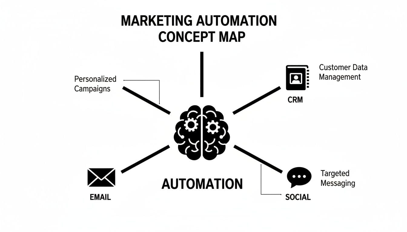 A marketing automation concept map showing connections to email, social, CRM, and personalized campaigns.