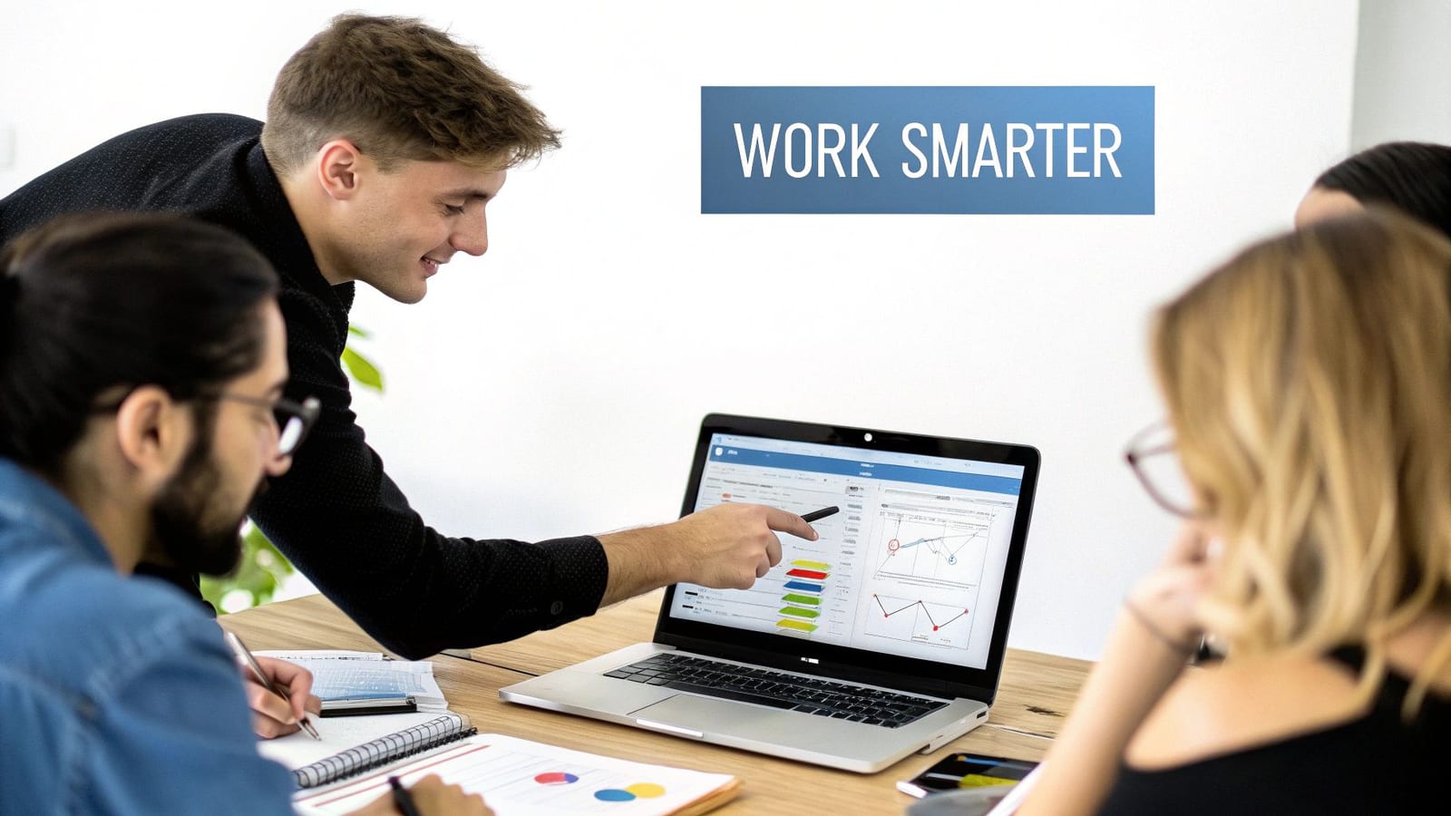 Professionals collaborating in an office, discussing data on a laptop screen with charts and graphs, emphasizing working smarter.