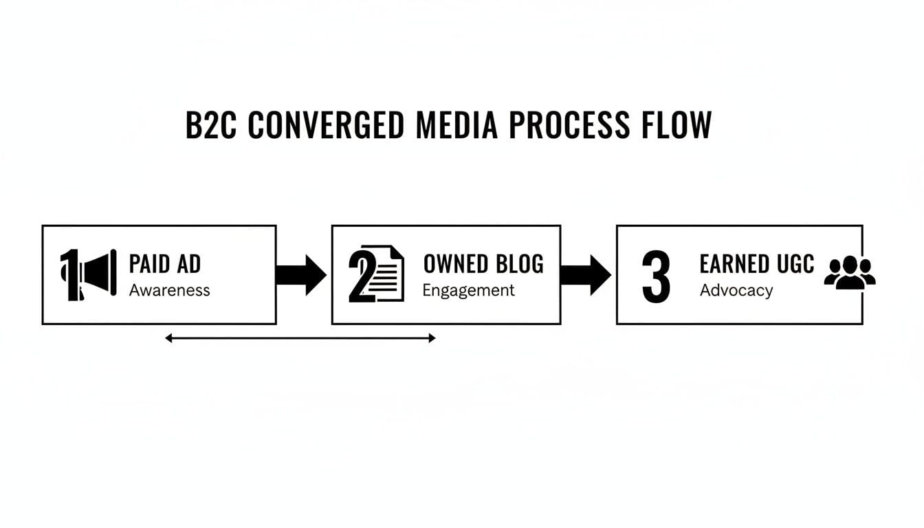 A B2C converged media process flow diagram showcasing paid ads, owned blogs, and earned UGC.