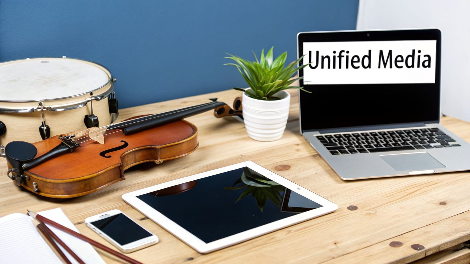 A wooden desk featuring musical instruments, a laptop displaying 'Unified Media', and mobile devices.