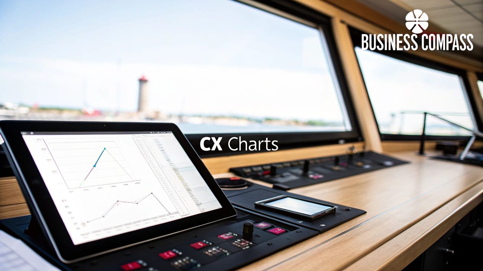 A boat's control panel with a tablet displaying customer experience charts and a smartphone, overlooking a lighthouse.