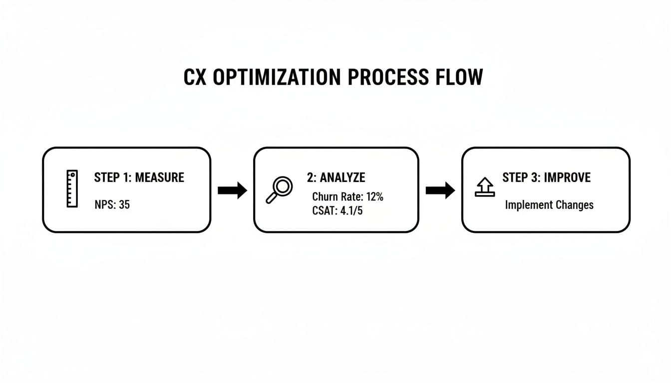 A CX Optimization Process Flow diagram with three steps: Measure (NPS: 35), Analyze (Churn Rate: 12%, CSAT: 4.1/5), and Improve (Implement Changes).