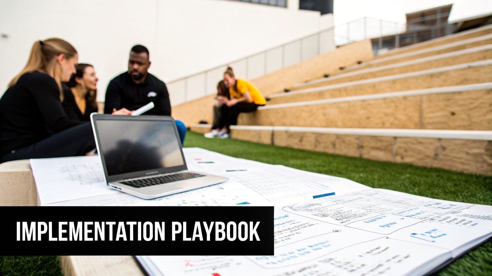 Diverse team collaborating outdoors with laptops, papers, and an implementation playbook on grass steps.