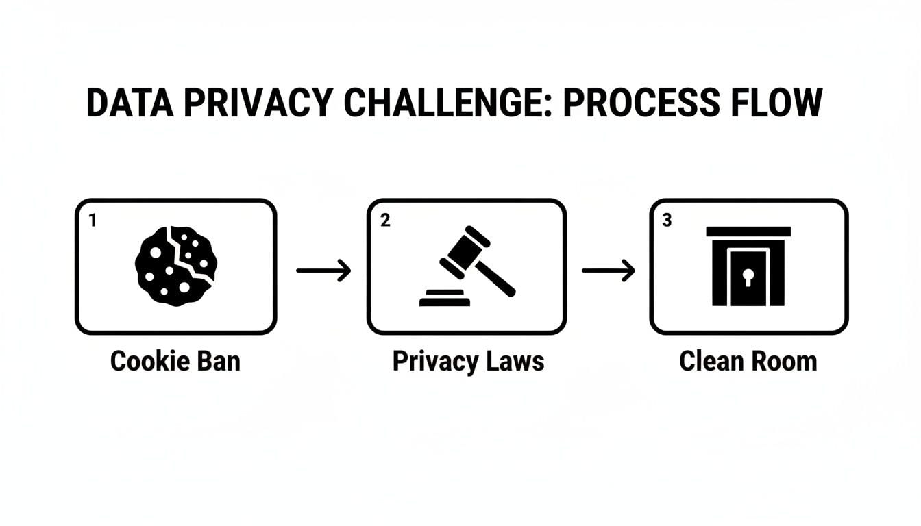 A data privacy challenge process flow illustrating the evolution from cookie ban to privacy laws and clean rooms.