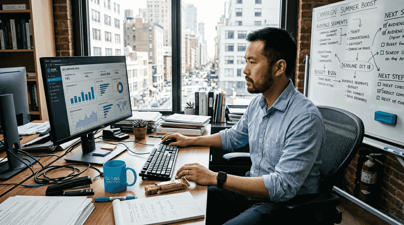 Marketer reviewing analytics dashboard in corner office