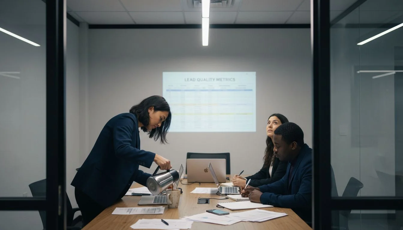 Team meeting with spreadsheets and coffee mugs