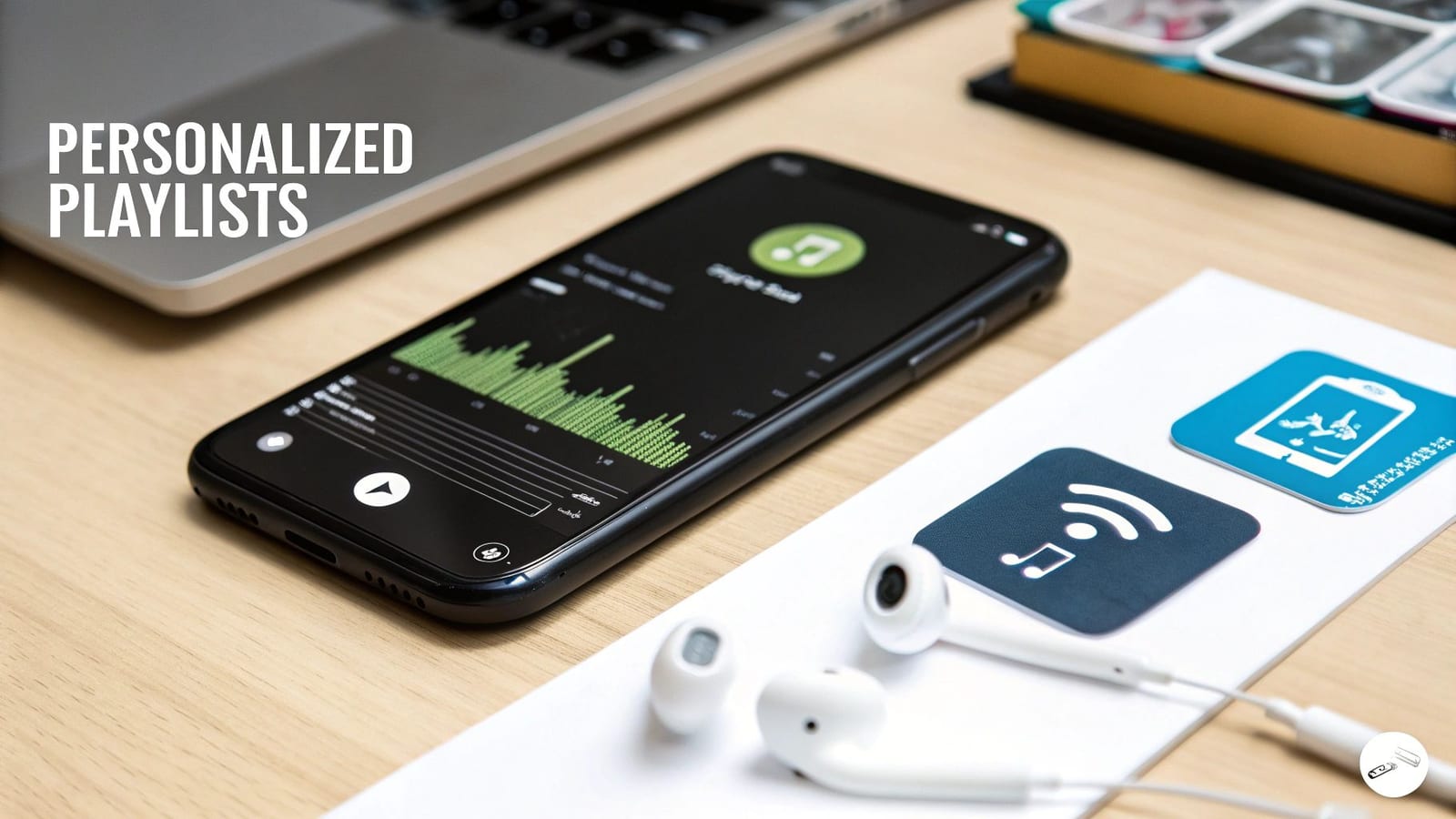 A smartphone displaying a music app with an equalizer, accompanied by white earbuds and app icons, promoting personalized playlists.