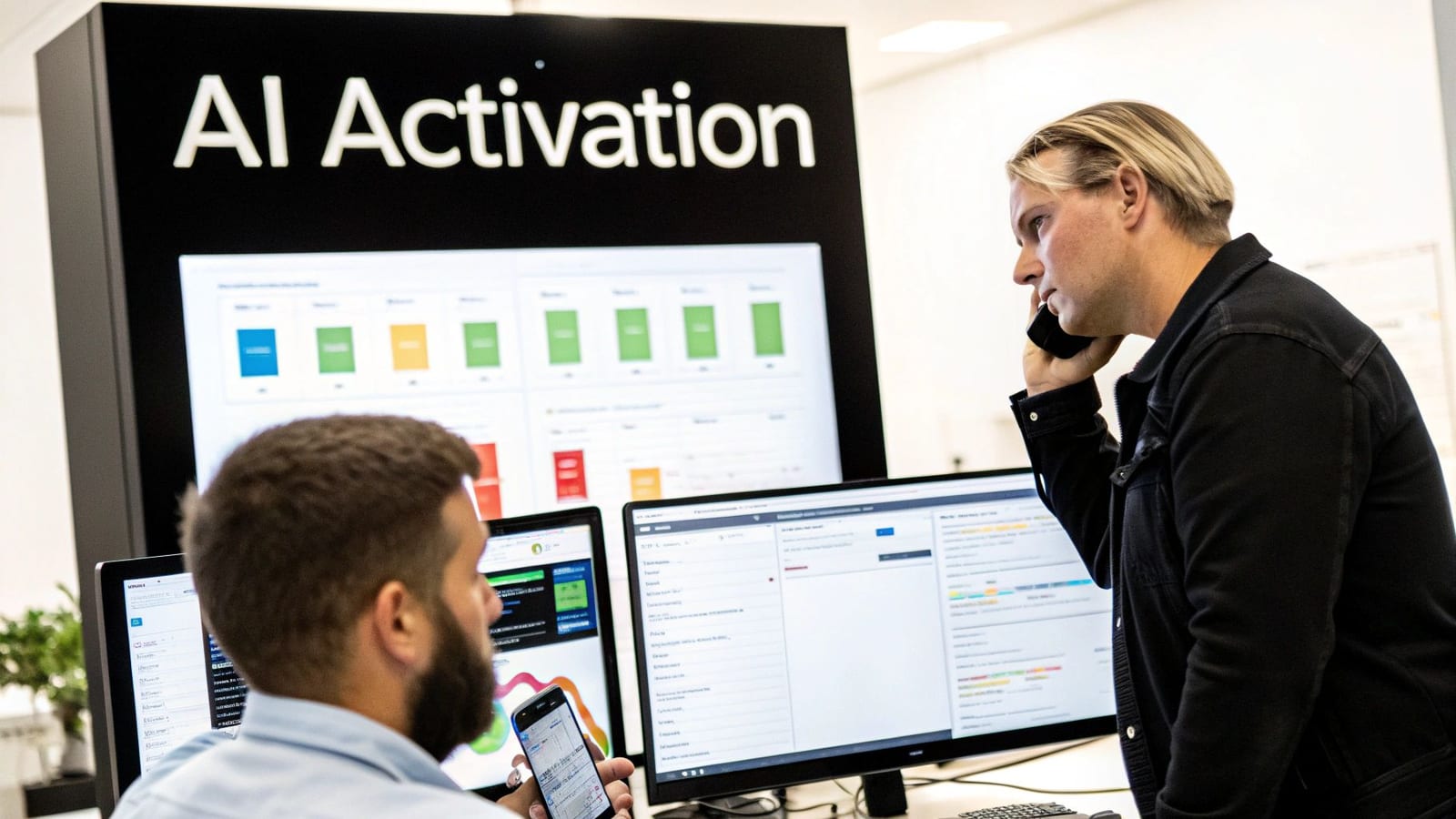 Two men in a modern office with 'AI Activation' display, one on phone, one on smartphone.