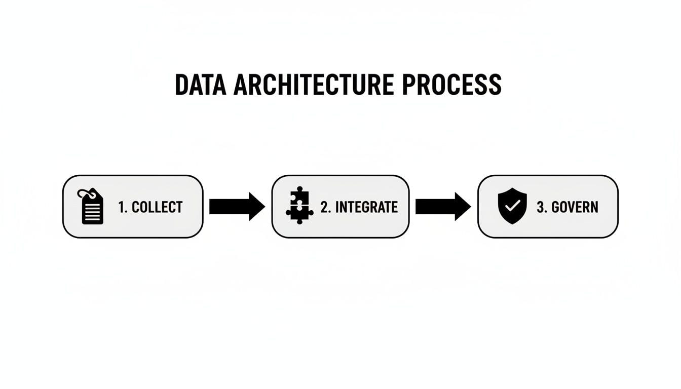 A diagram illustrating the data architecture process with three steps: Collect, Integrate, and Govern.