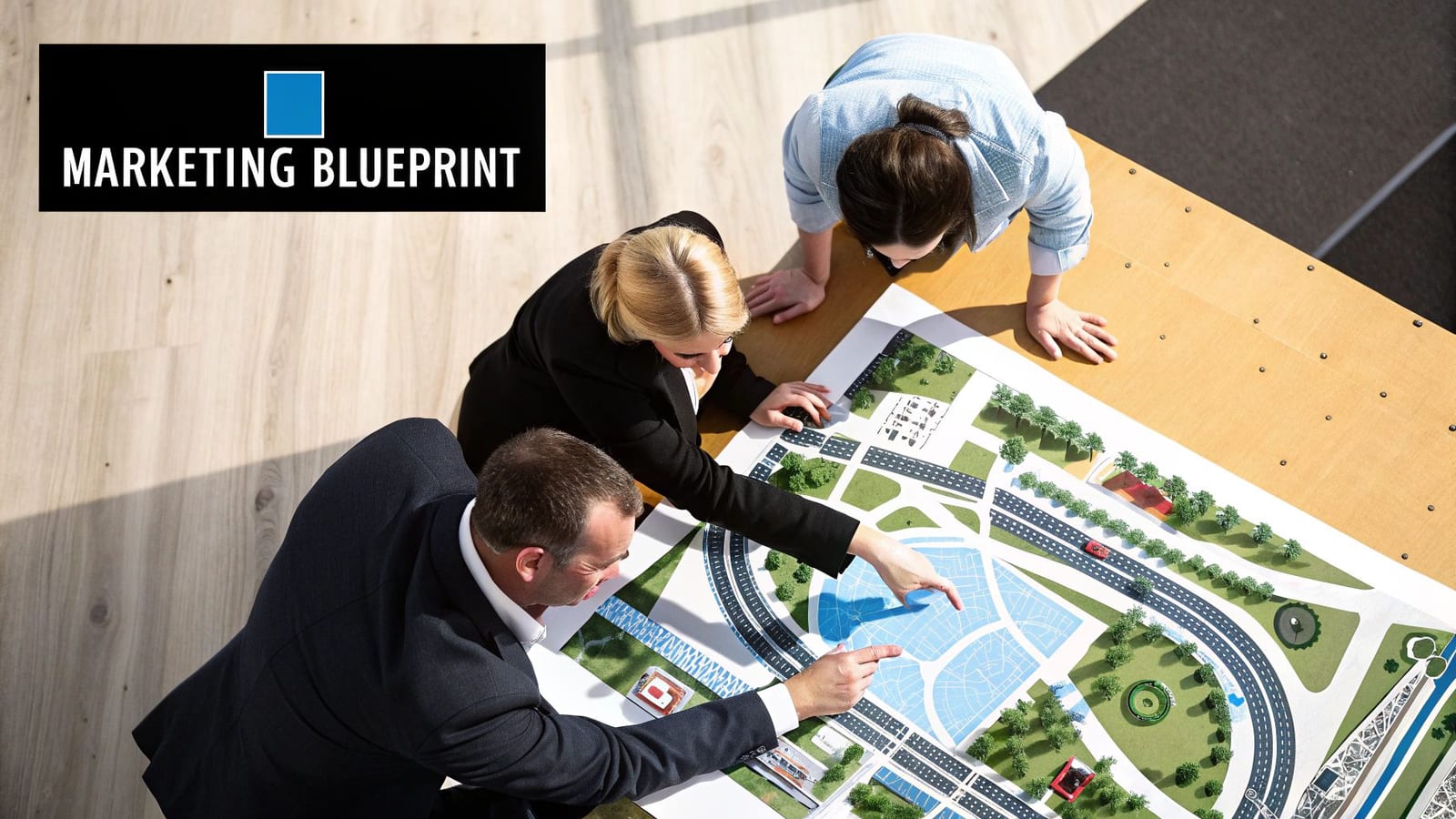 Three professionals collaborate on a large urban planning blueprint, pointing at different areas. A 'Marketing Blueprint' logo is visible.