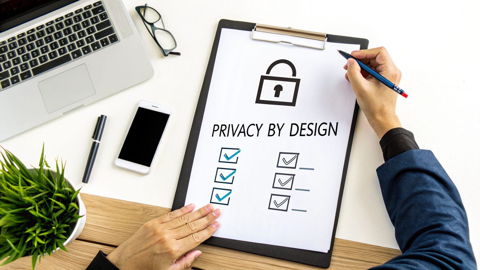Person writing on a clipboard with 'PRIVACY BY DESIGN' text, padlock icon, and checklists on a desk.