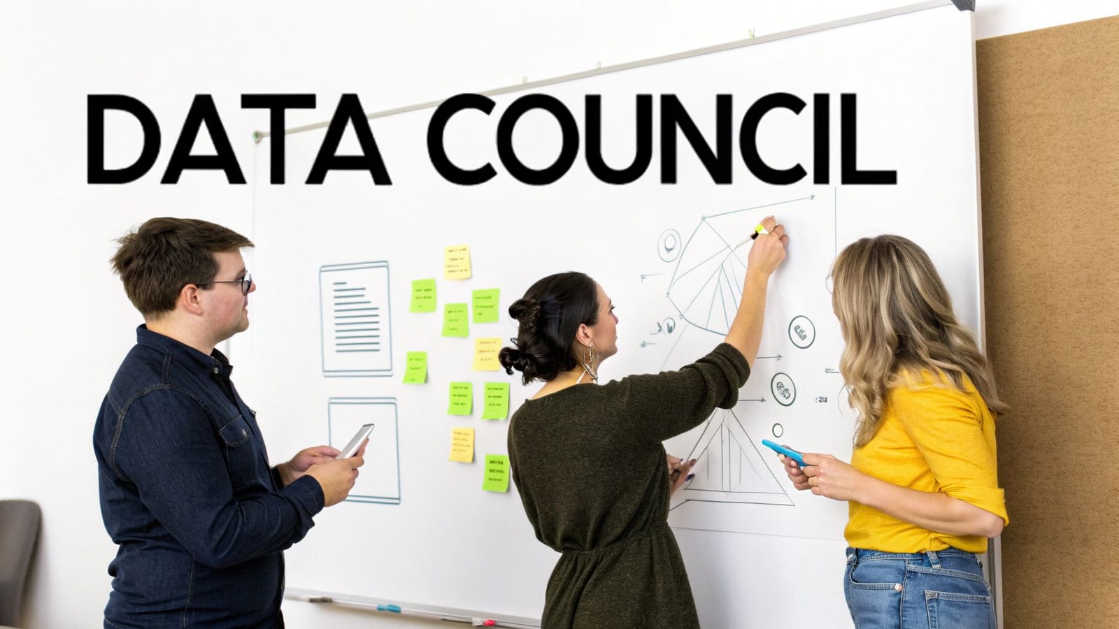 Three professionals discuss data on a whiteboard filled with diagrams and sticky notes during a 'DATA COUNCIL' meeting.