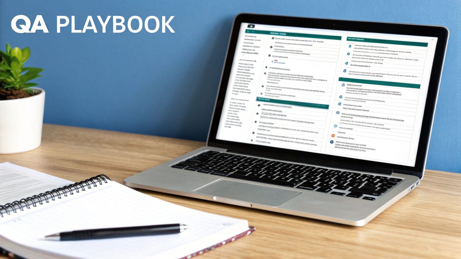 Laptop on a wooden desk displaying a QA Playbook, with a plant, open notebook, and pen.