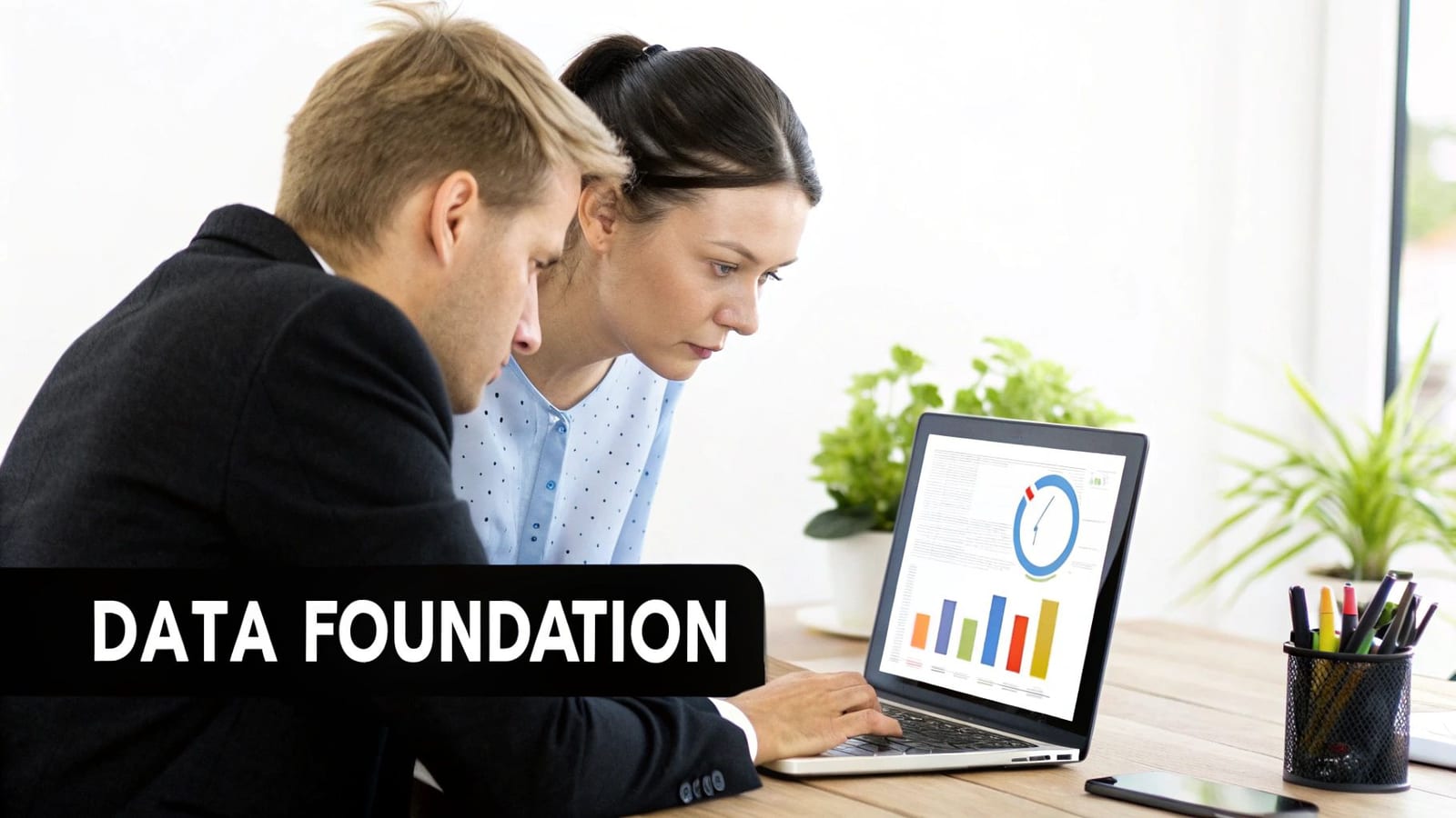 Two professionals collaboratively analyze data visualizations on a laptop, focusing on a data foundation concept.