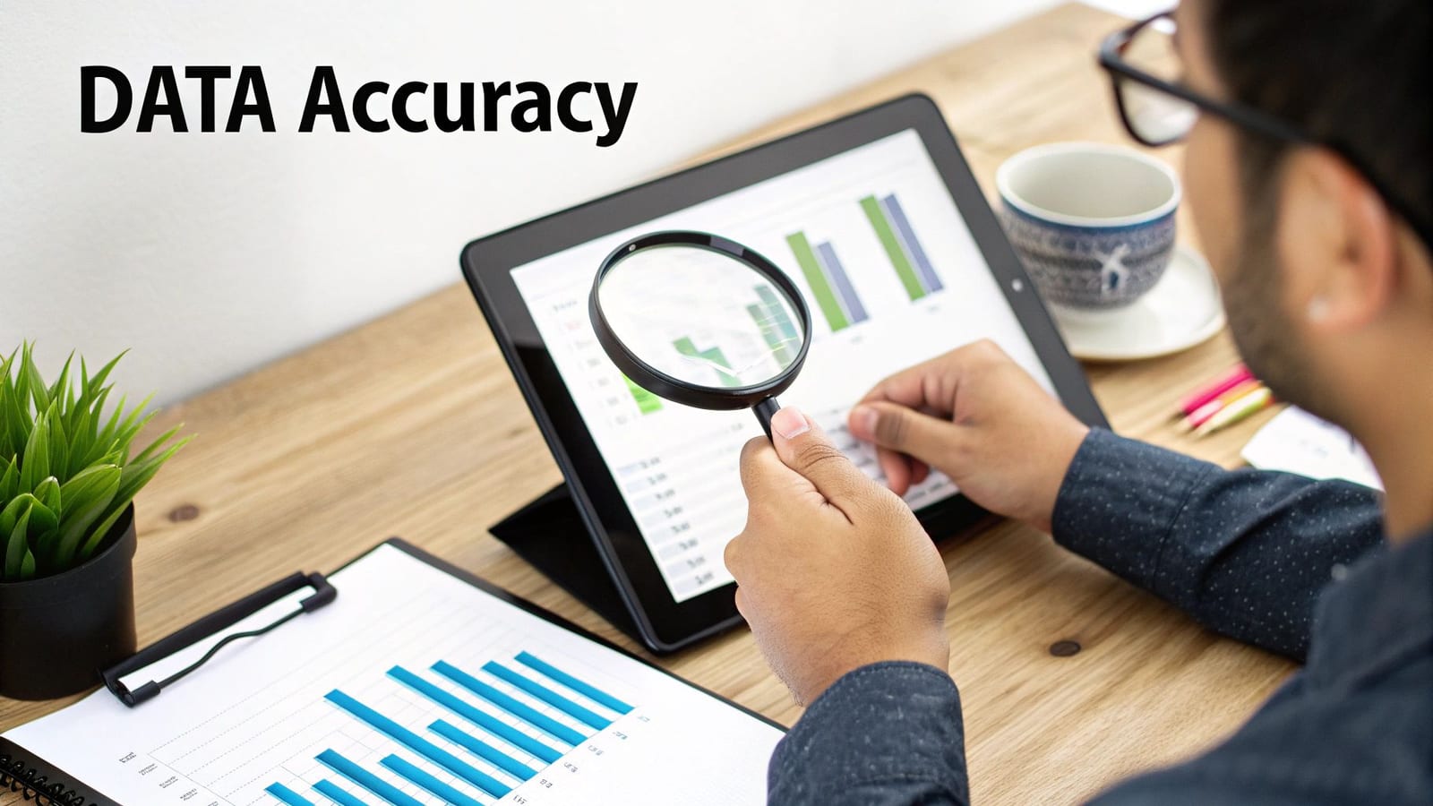 A person uses a magnifying glass to check data on a tablet, emphasizing data accuracy.