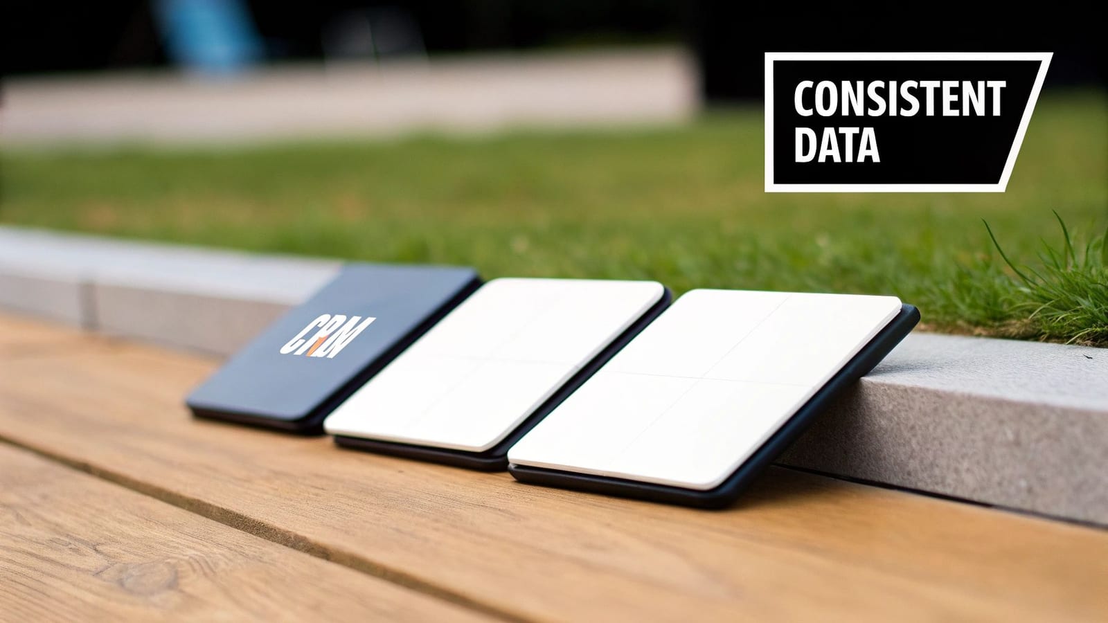 Three sleek rectangular devices, one displaying a CRM logo, resting on a wooden bench beside a grassy area with 'CONSISTENT DATA' overlay.