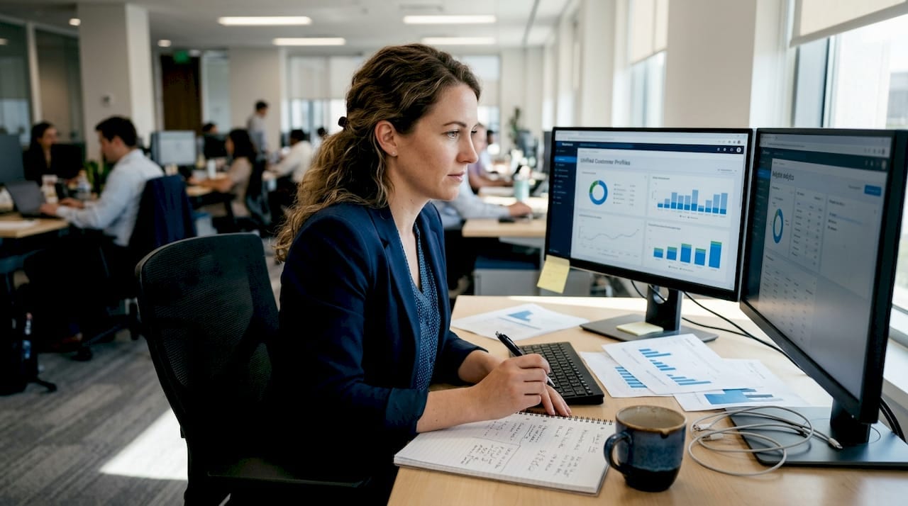Marketing analyst reviewing customer data dashboard