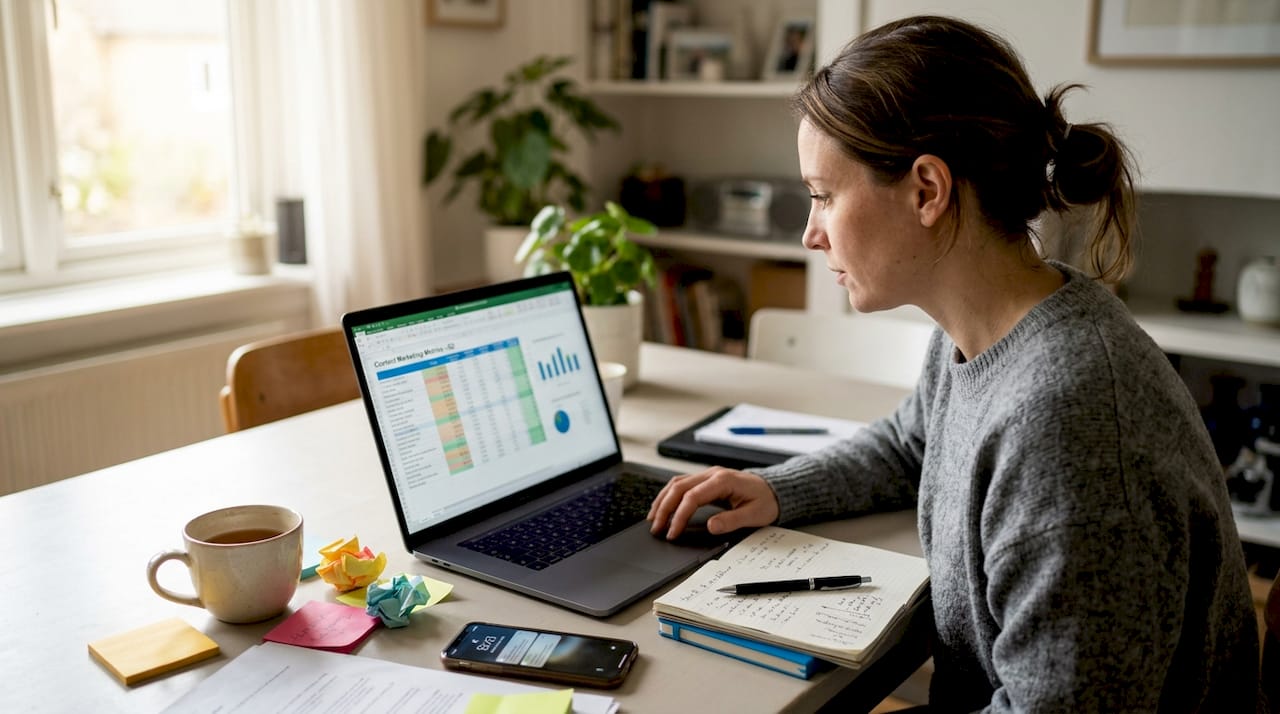 Marketer reviews content marketing analytics at home desk
