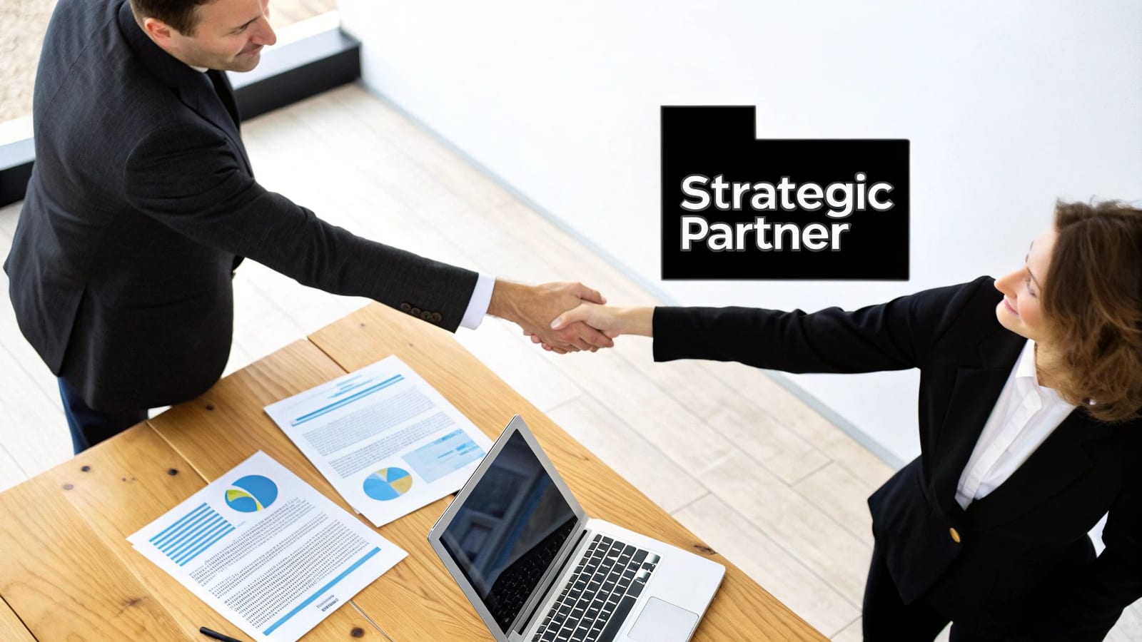 Two business professionals, a man and a woman, shake hands across a table with documents and a laptop, symbolizing a strategic partnership.
