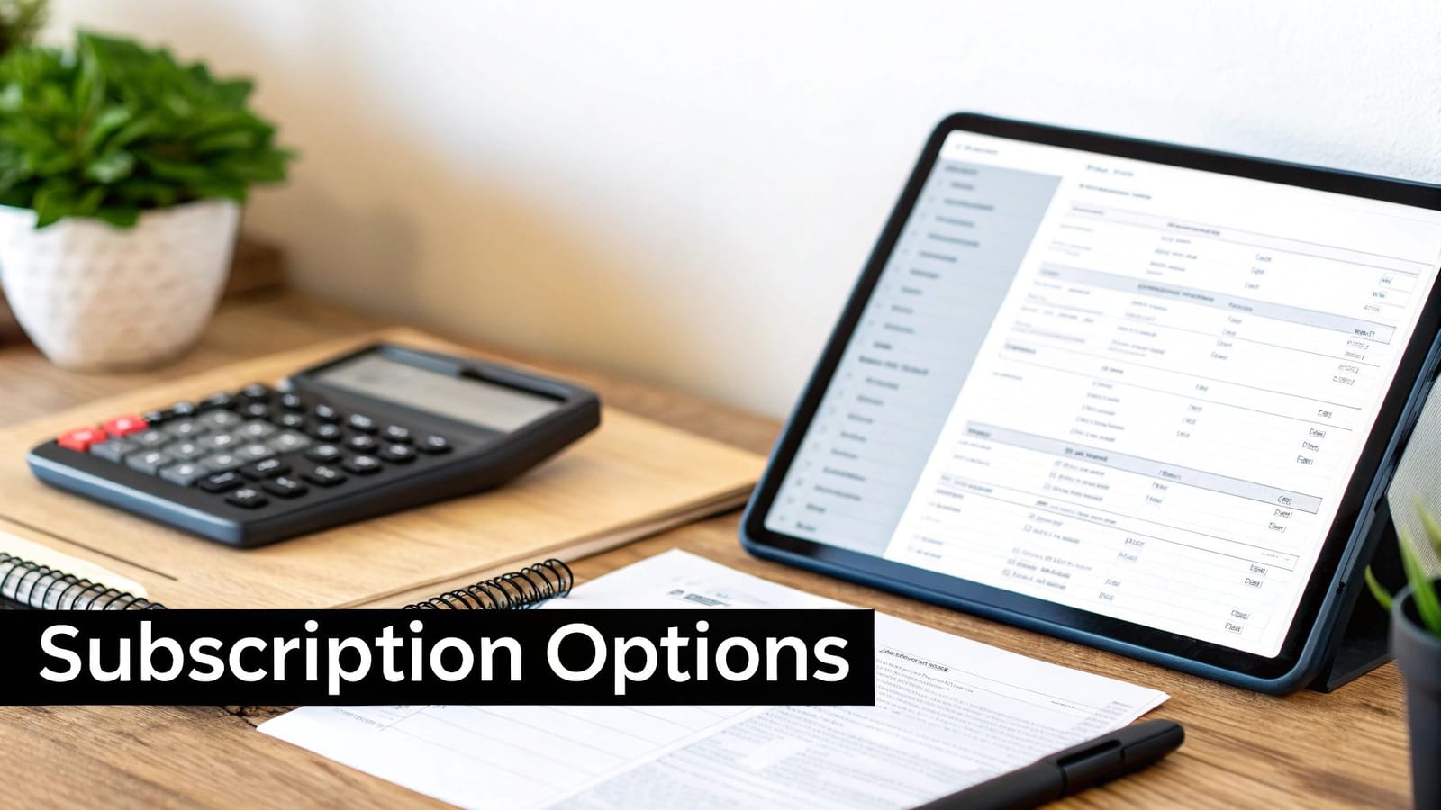 A calculator, tablet displaying financial data, and documents on a desk, representing subscription management.