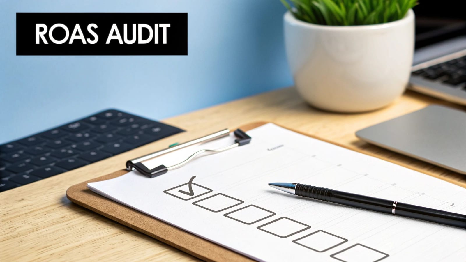 A clipboard with a checklist and pen on a desk, next to a keyboard and plant, with text 'ROAS AUDIT'.