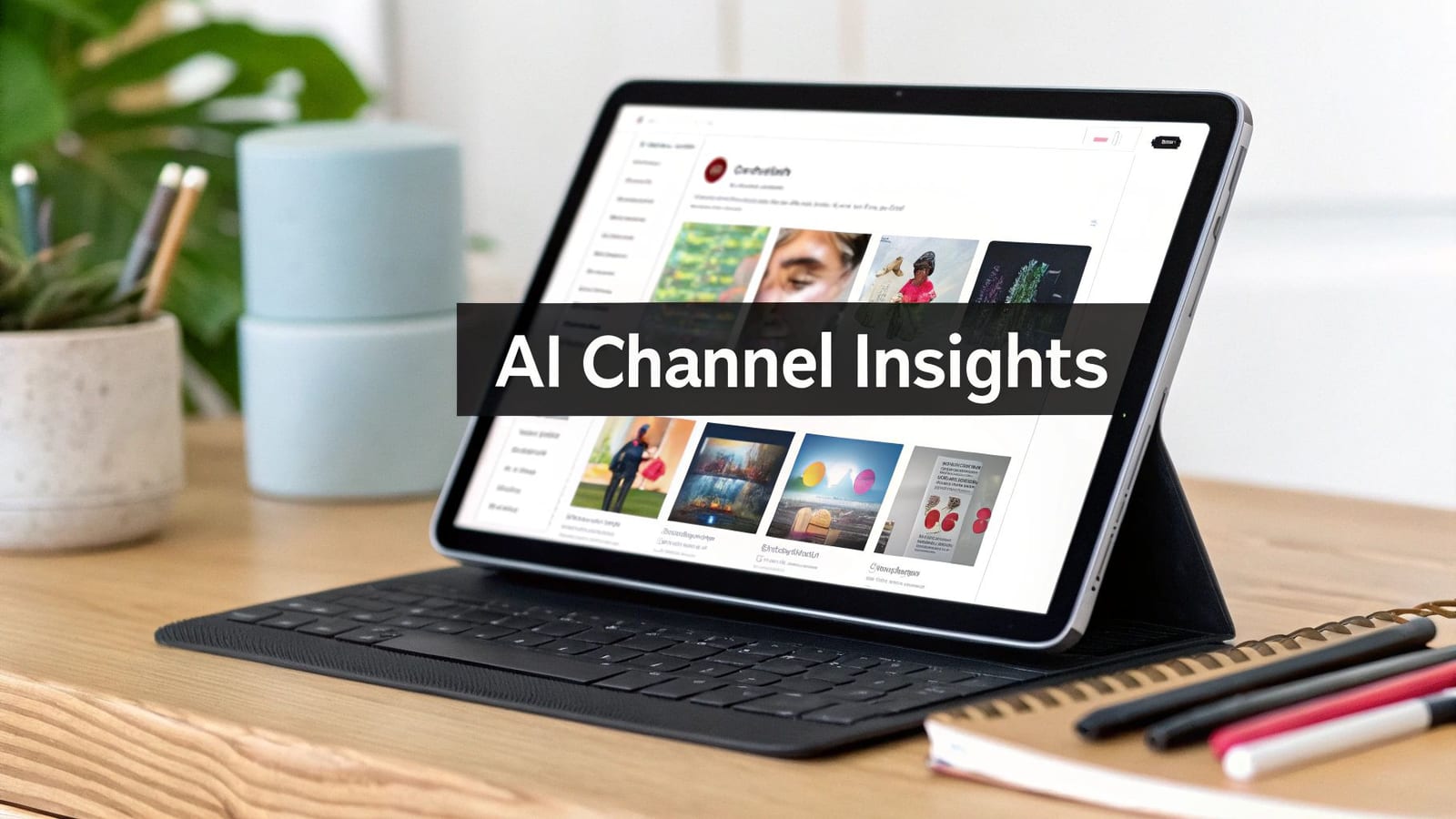 A tablet displaying "AI Channel Insights" on its screen, on a desk with a keyboard, pens, and plant.