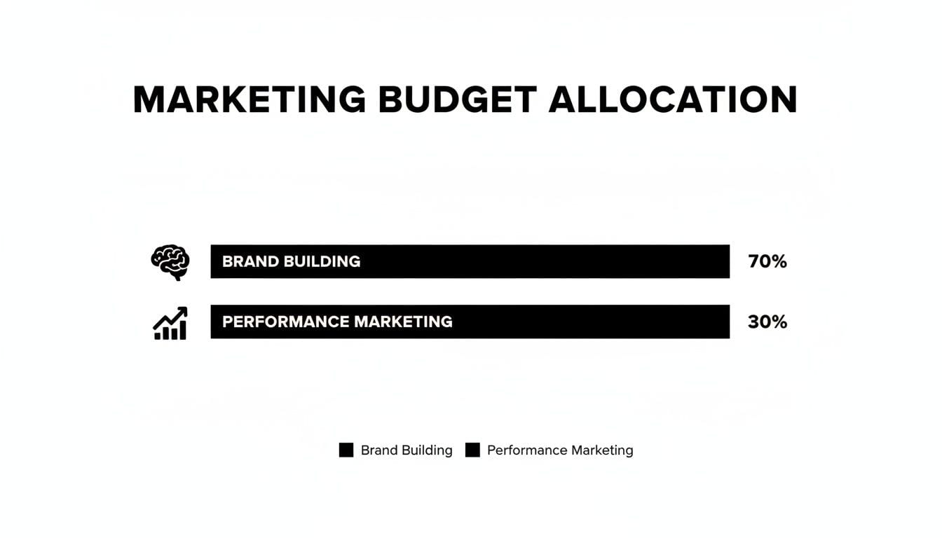 A black and white bar chart showing marketing budget allocation: 70% for brand building, 30% for performance marketing.