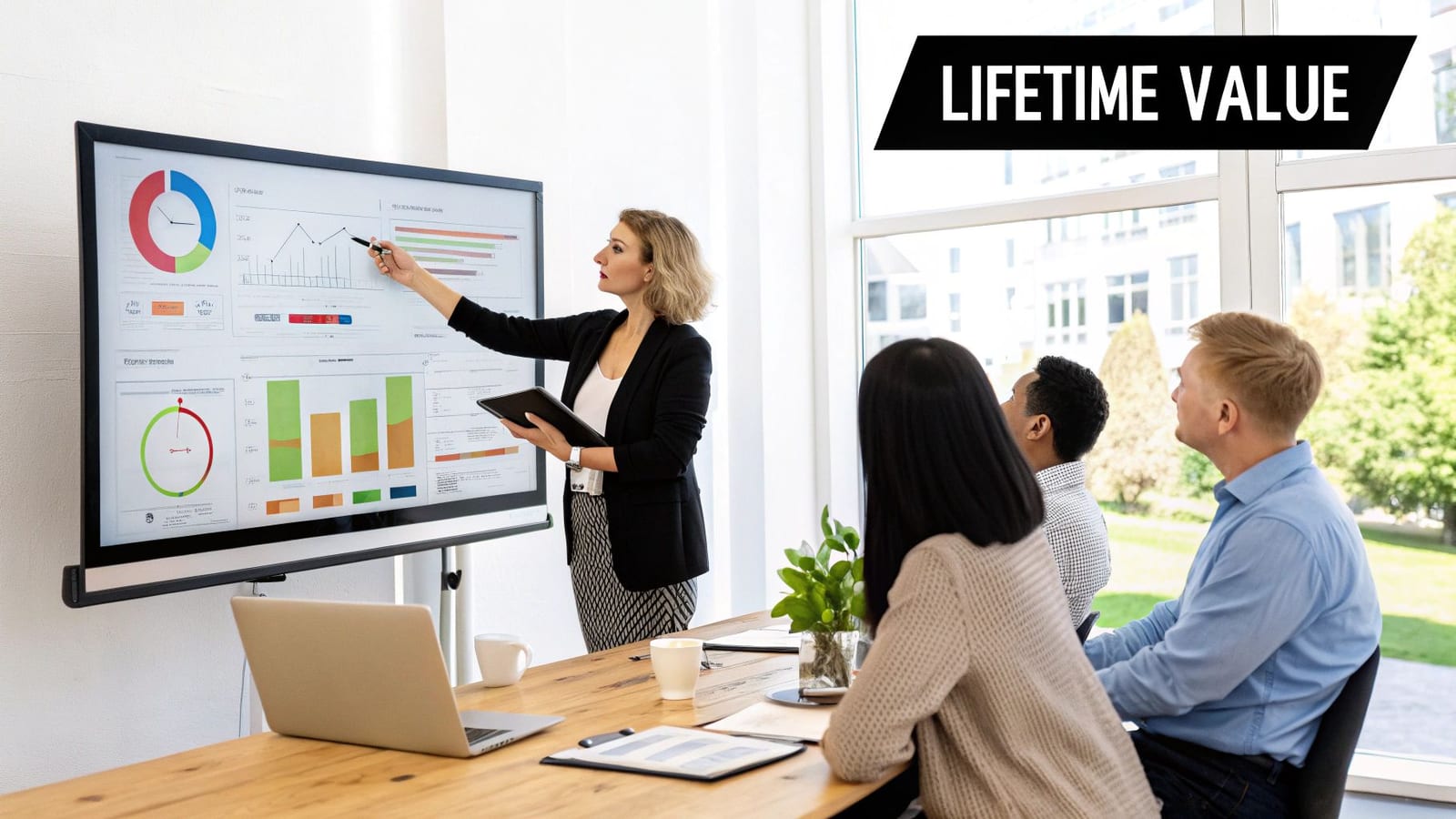 Professional woman pointing at charts on a screen during a business presentation to colleagues.