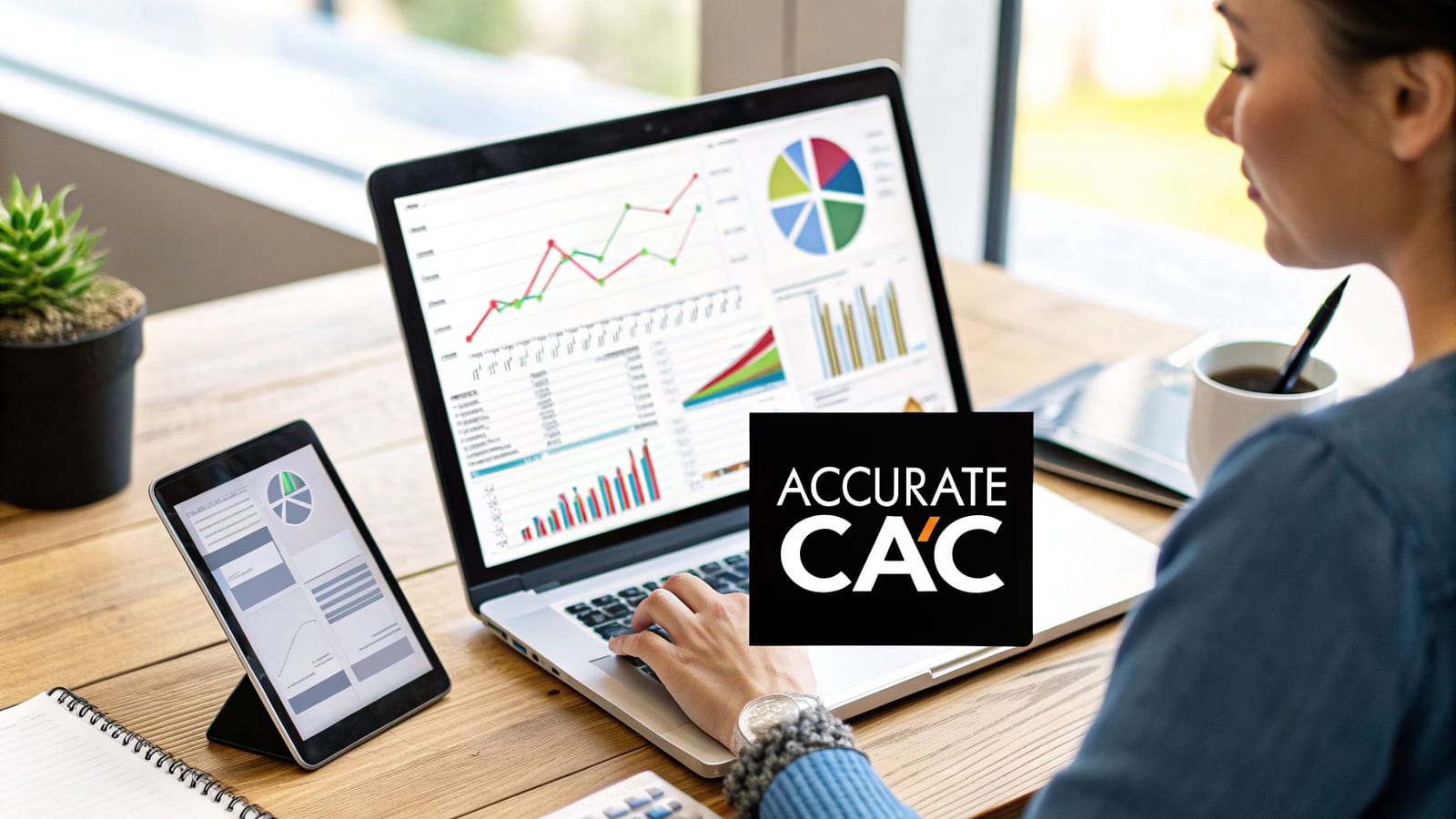 A person analyzing business data and charts on a laptop and tablet, focusing on customer acquisition cost.