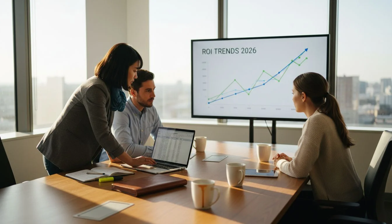 Marketing team reviewing ROI data in bright office