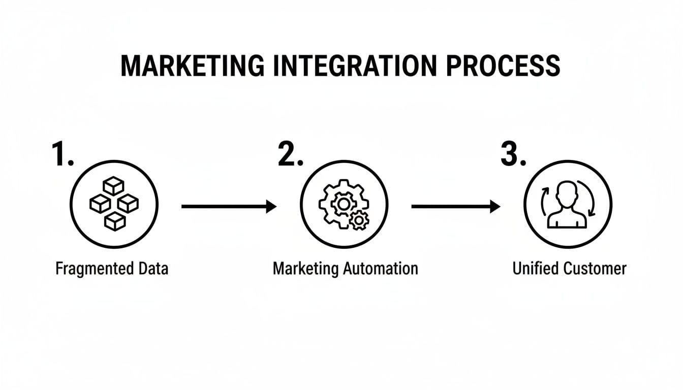 Marketing integration process diagram illustrating how fragmented data leads to a unified customer using automation.