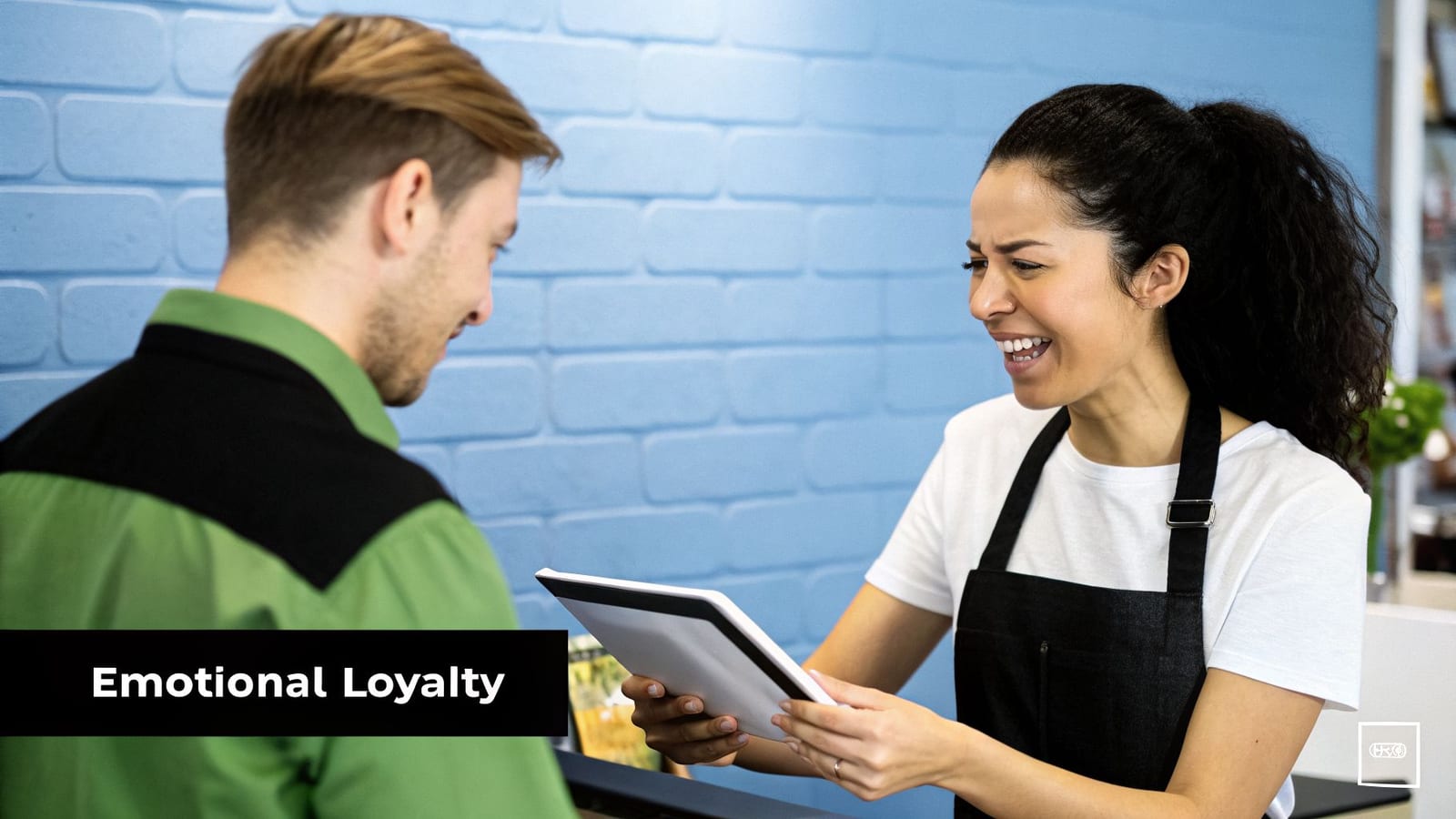 A smiling cafe employee holding a tablet interacts positively with a happy customer, showing good service.
