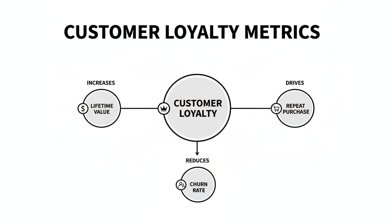 Diagram showing how customer loyalty increases lifetime value, drives repeat purchases, and reduces churn rate.