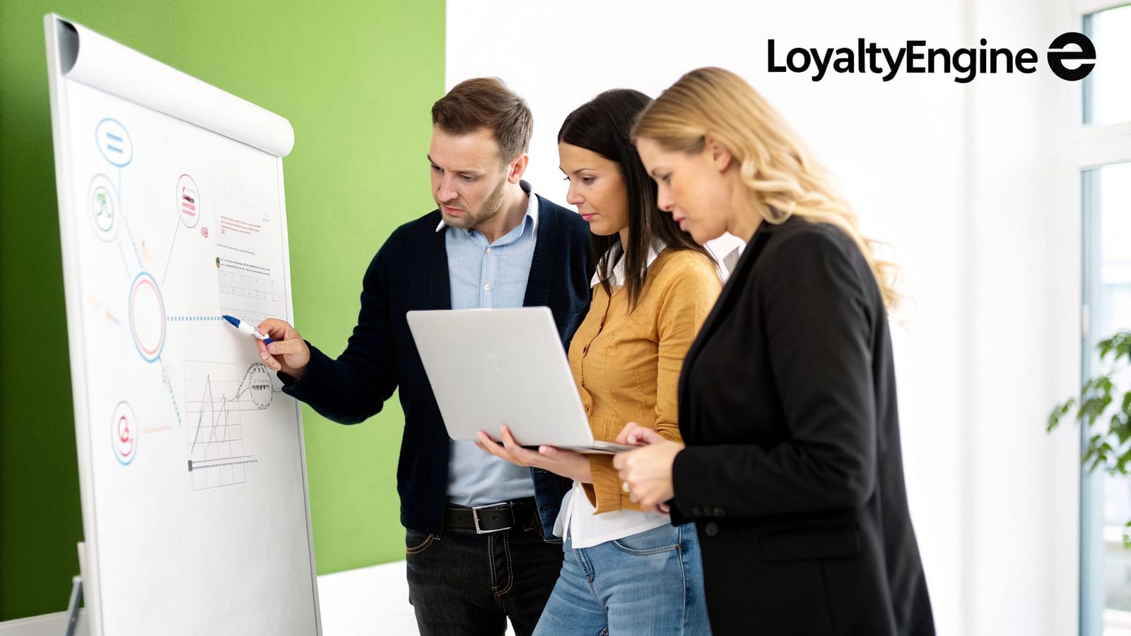 Three business professionals collaborate, discussing data on a whiteboard and laptop in an office.