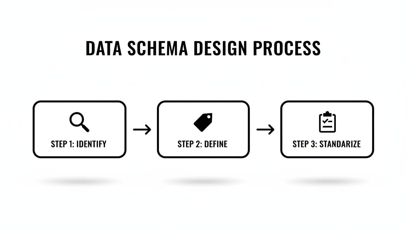 A three-step data schema design process flow diagram showing identify, define, and standardize.