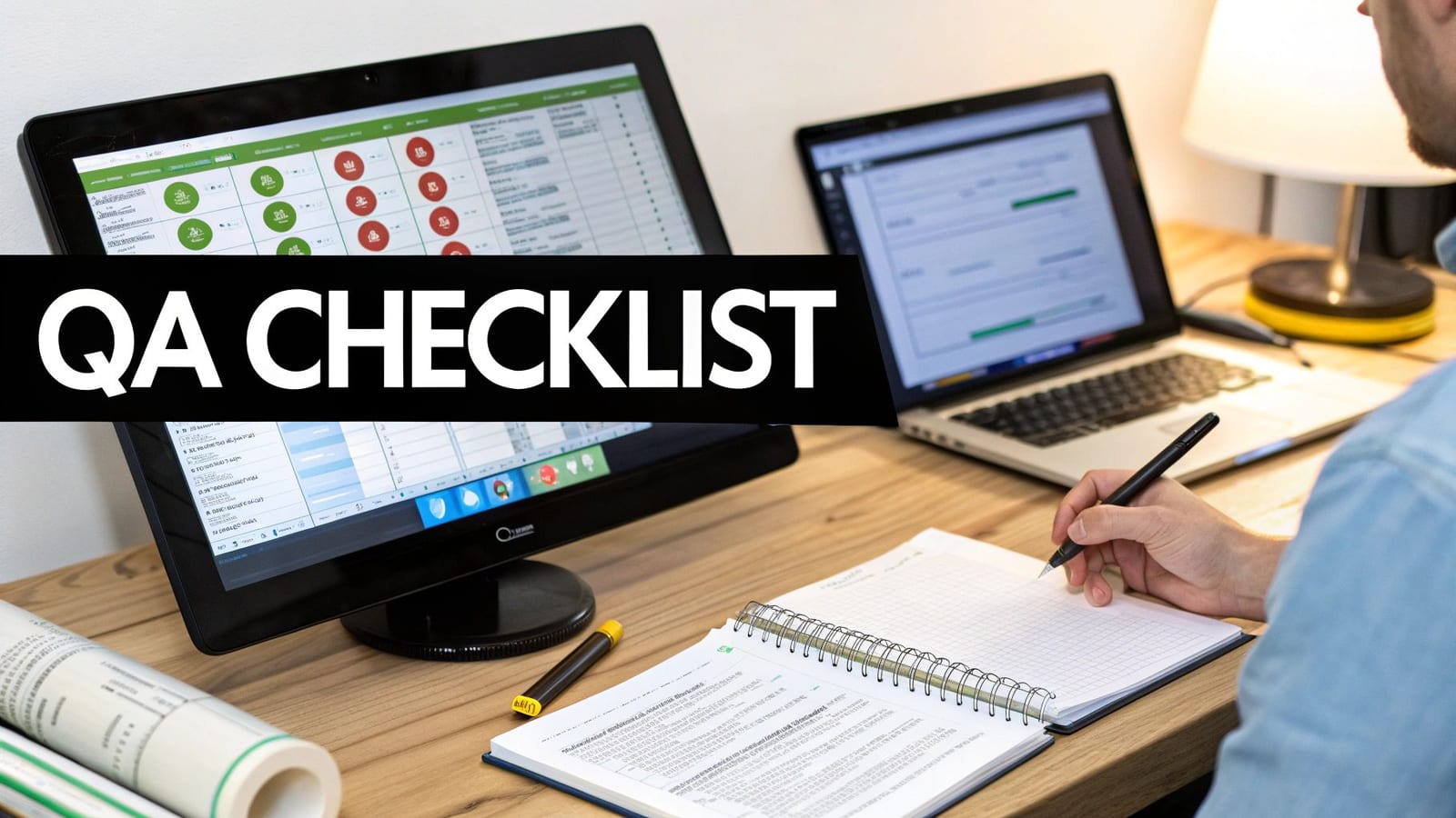 A person reviews a QA Checklist on multiple screens while taking notes at a wooden desk.
