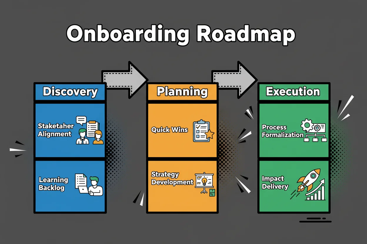 Simple flowchart with three columns labeled 30, 60, 90 days. Each column lists 3-4 key actions (e.g., align stakeholders, run discovery, launch PoC, validate identity, ship first activation, formalize governance). Arrows show progression.